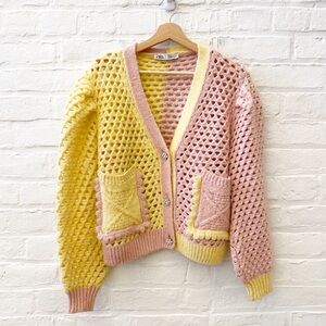 Zara || Knit Cardigan Color Block Gem Buttons Alpaca Blend Yellow Pink Small